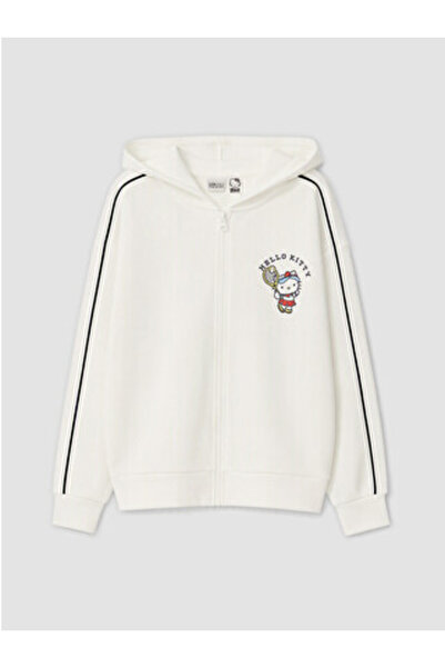 LC Waikiki Beyaz Hello Kitty Baskılı Kız Çocuk Sıft Touch Fermuarlı Sweatshirt