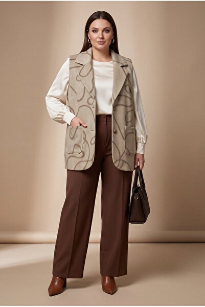 RMG Patterned Large Size Cashmere Vest with Cotton Lining Inside, Beige