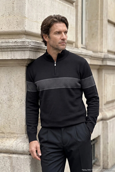 Çizgi Triko Men's Half Fisherman Knitwear Cotton Black Sweater Stripe Pattern...