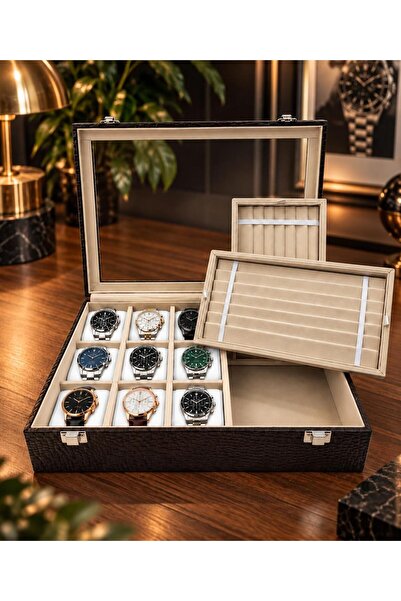 STAND MARKET Watch and Prayer Beads Box with 9 Prayer Beads Compartments, Crocodile Brown