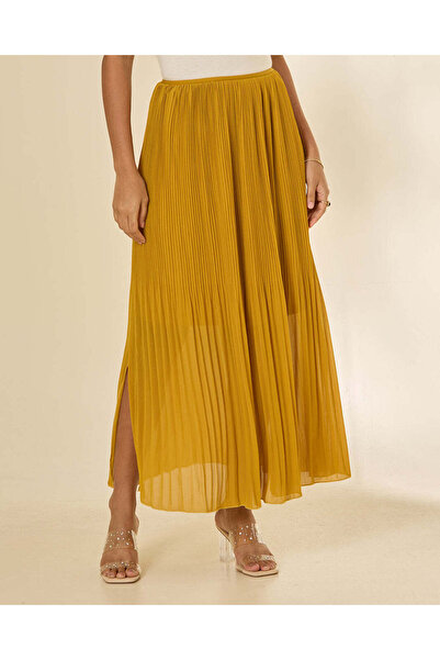 REDTAG Women Mustard Pleated Flare Midi Skirt