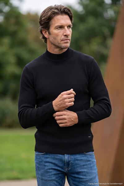Çizgi Triko Men's Half Fisherman Black Sweater Slim Ribbed Patterned Classic ...