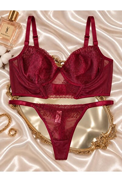 Kırmızı Dantelli Bralet Takımı