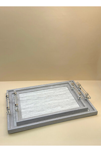 ALQANNAS Wooden Serving Tray Set with Acrylic Handle Marble Decor Modern Desi...