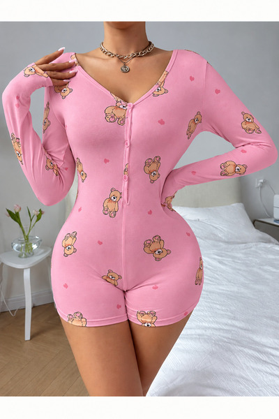 the DIFFerent Pembe Küçük ayıcık kalp baskılı pijama tulumu
