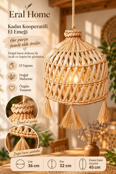 SS ERAL KOOP Decorative Handmade Natural Wicker Chandelier 36 X 32 cm with Tassels for Kitchen, Hall, Terrace
