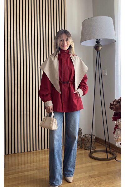 Cardella Helin Women's Hooded Plaid Detailed Adjustable Waist Trench Coat
