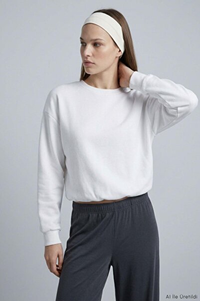 Rays Yarasa Kollu Beli Lastikli Crop Sweatshirt 979 Ekru