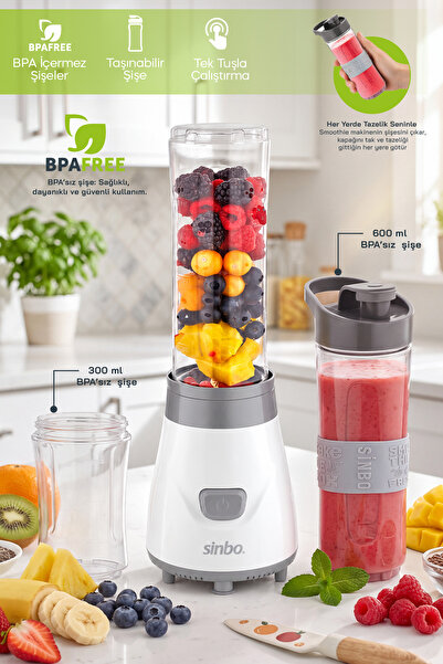 Sinbo SHB-3150 Beyaz Smoothie Blender, 600 ml + 300 ml BPA İçermeyen Şişe, Paslanmaz Çelik Bıçak - PH