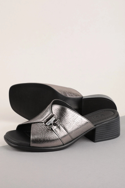 Gondol Women's Genuine Leather Heeled House Slippers Msa.1816 Platinum