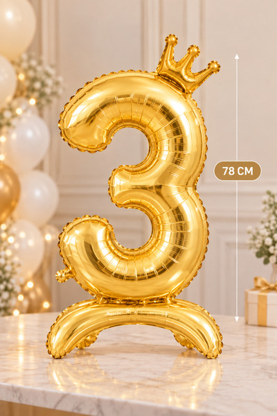 Baloncu Nene Crowned Gold 3 Number Foil Balloon 78 cm Standing Table Top 3 Ye...