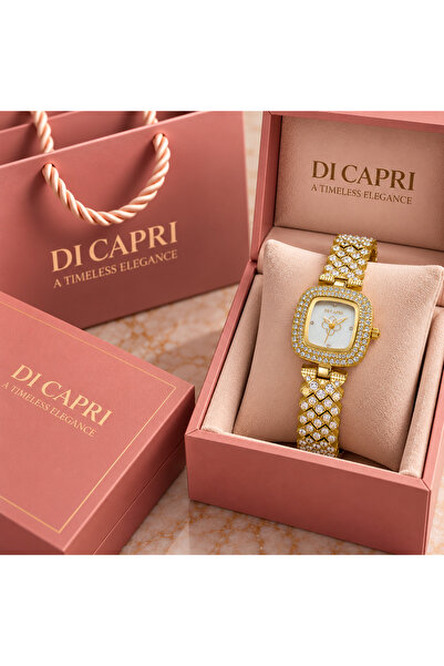 Generic Brand Di Capri Women's Gold Square Watch with Pearl Dial and Shiny Rh...