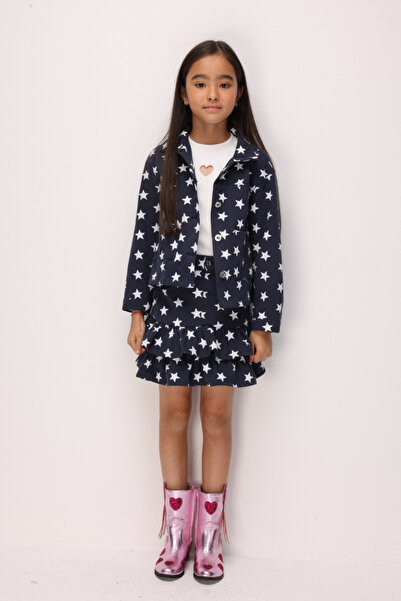 Le Mabelle Navy Blue Star Patterned Gabardine Girls' Skirt and Jacket Set - M...