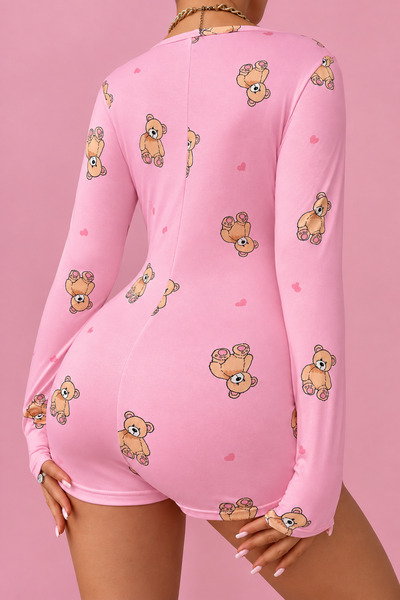 the DIFFerent Pink Little Teddy Bear Heart Printed Pajama Jumpsuit