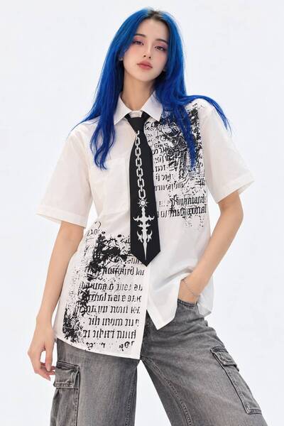 Moonstarcollection Beyaz Skull Gotik Siyah Zincir Baskılı Kravatlı Grunge Y2K...