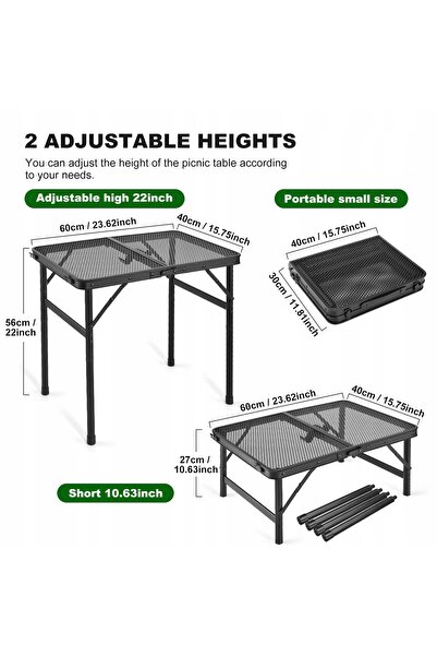 Odoland Masă de camping pliabilă din metal 2-în-1, înălțime reglabilă, 60x40x...