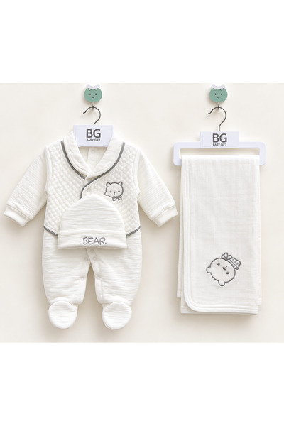 Baby Gift Newborn Baby Winter Quilted 3Pcs Set Baby Romper and Hat and Bibs