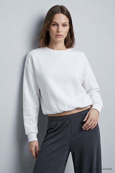Rays Yarasa Kollu Beli Lastikli Crop Sweatshirt 979 Ekru