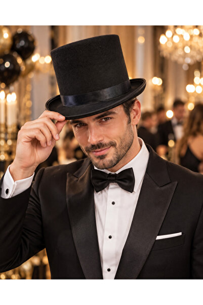 PARTİPORT Black Cylinder Fabric Hat – Adult Party Costume Show Magician Hat