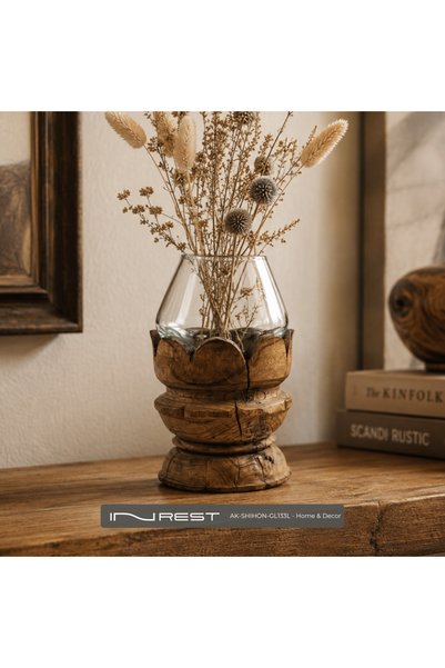 INREST Clear Glass Vase with Natural Wood Carved Base - Large