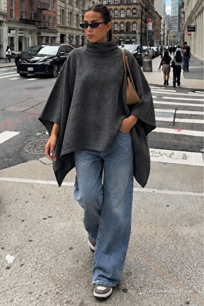 Madmext Anthracite High-Neck Asymmetrical Cut Women's Poncho Mg2901