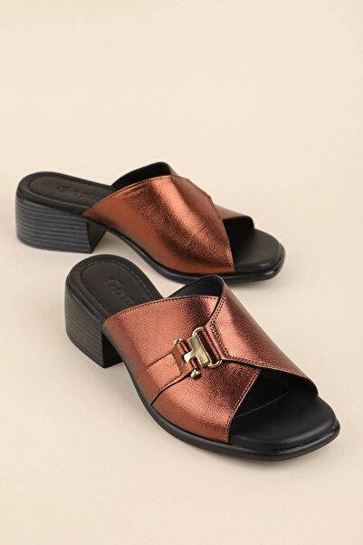 Gondol Women's Genuine Leather Heeled House Slippers Msa.1816 Copper
