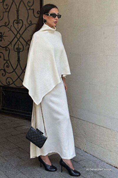Madmext Ecru High-Neck Asymmetrical Cut Women's Poncho Mg2901