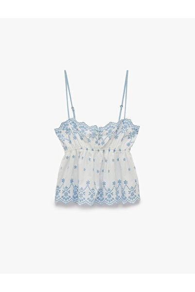 Koton Gipeli Embroidered Strappy Crop Poplin Degaje Collar Blouse