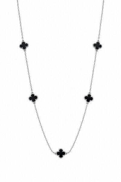 Jack Ferrero Stylish Steel Clover Figured Long Chain Necklace with Black Detail