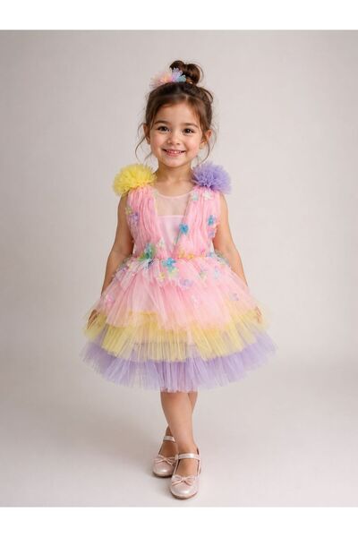 Ugly Duck 1-5 Years Old Children's Pompom Tulle Dress - Multicolor