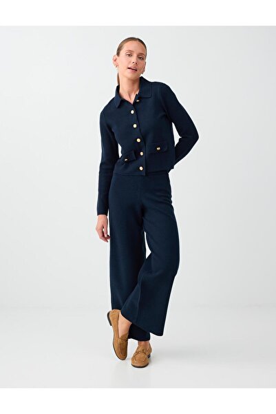 Jimmy Key Navy Blue Relaxed Fit Regular Waist Wide Leg Knitwear Trousers