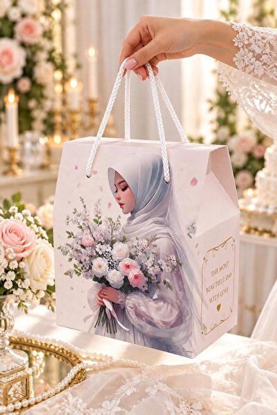 KOLİX Prestige Serisi 6 ADET Tesettürlü Gelin Temalı Lüks İpli Kulplu Hediyel...