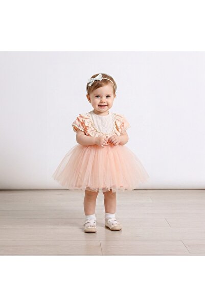 Cumino Infant Girls Peach Dress Soft Embroidery Fluffy Skirt