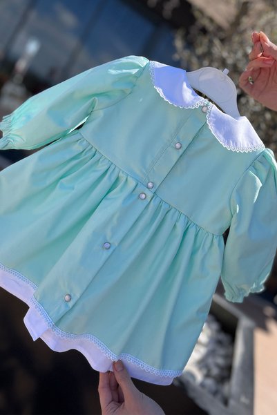 Bertuğ Bebek Lace Detailed Baby Collar Water Green Long Sleeve Girls' Baby Design Dress