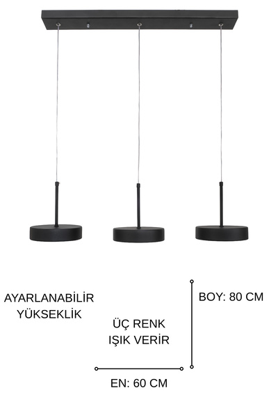 Fer Avize Ela Led Modern Tasarım 3 Renk Işık Seçenekli Enerji Tasarruflu 3'lü Led Avize Mutfak Salon Çocuk Odası Giyinme Odası