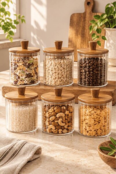 Atbyhome 6'lı Akasya Ahşap Kapaklı Çizgili Cam Kavanoz 600 ml - Vakumlu Erzak...