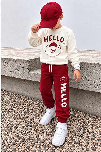 zepkids Erkek Çocuk Eşofman Takımı HELLO Ayıcık Baskılı Sweatshirt Kırmızı Sp...
