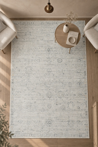 Homz Vintage Açık Gri Eskitme Desenli Baskı Şönil Halı Kaymaz Tabanlı Salon H...