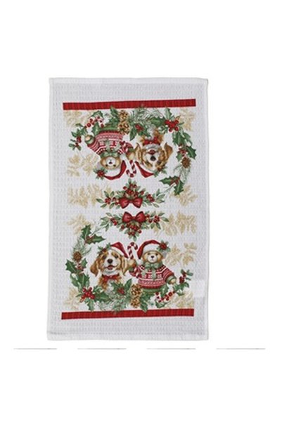 OEM White Cotton Kitchen Towel with Christmas Bear Dog Pattern 60x35cm