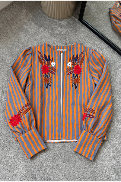 FEMELLE Women's Orange Gray Striped Embroidered Jacket Floral Embroidered Bohemian Ethnic Patterned Jacket