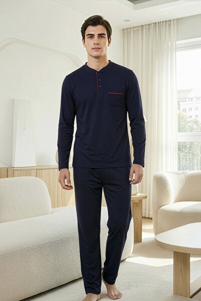 REN Men's 100% cotton navy blue crew neck buttoned long sleeve pajama set