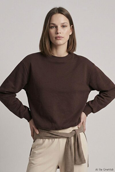 Rays Yarasa Kollu Beli Lastikli Crop Sweatshirt 979 Kahve