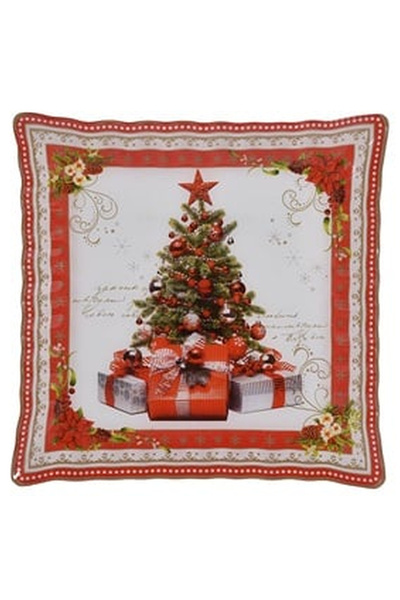 OEM Platou de Craciun din Sticla Rosie Brad Impodobit 30x30cm