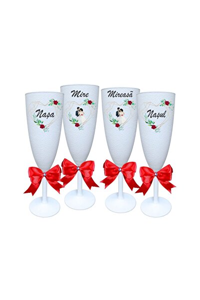OEM Set de 4 pahare, Nuntă, Mire, Mireasă, Naști, Alb, PHRP049