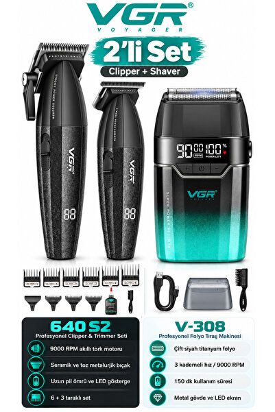 VGR Voyager V-640 S2 & V-308 3'lü Berber Tıraş Makinesi Seti 9000 RPM Clipper...