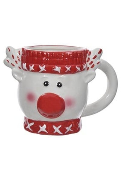 OEM 3d red-nosed reindeer white decorative ceramic christmas mug 360ml