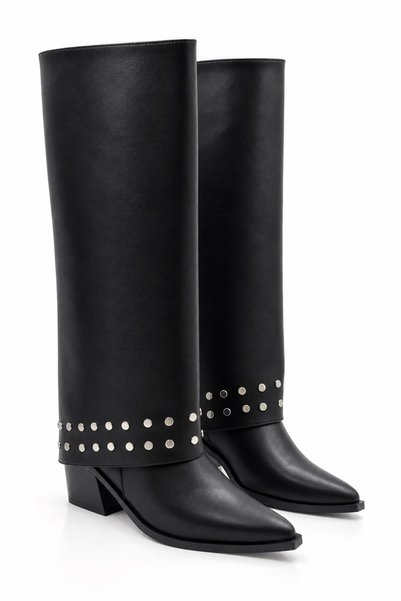 İX Siesta Women's Black Leather Metal Stud Detailed 2-in-1 Versatile Removable Below-The-Knee Boots 6.5 cm Heel