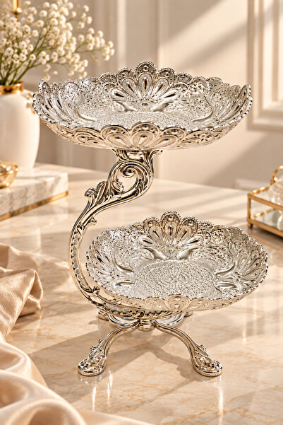 RASHA COLLECTION Katlı İşlemeli Kurabiyelik Gümüş – Dekoratif Ayaklı Çerezlik...