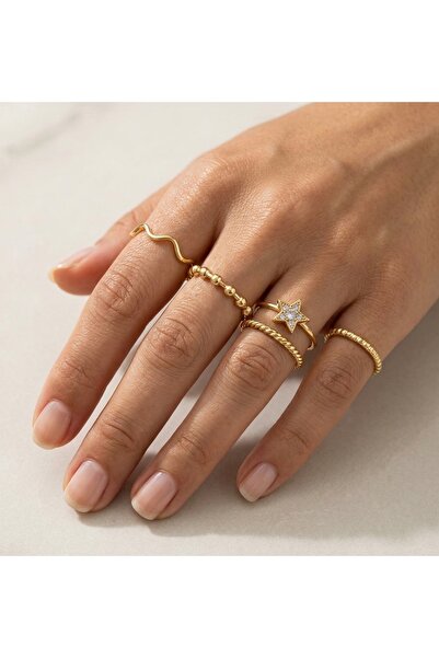 Ervalina Kadın Gold Renk 5'li Yıldızlı Yüzük Seti