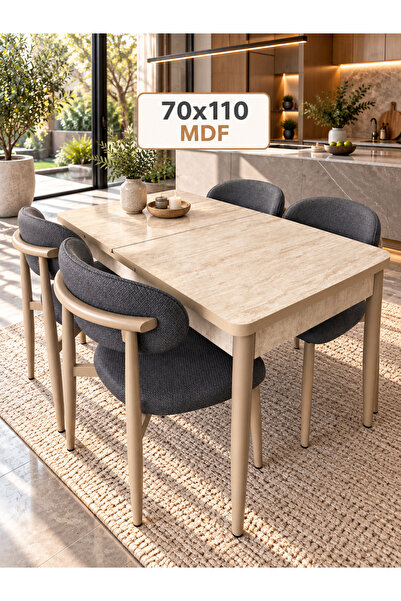 DEREN HOME Calve Serisi MDF 70x110 Açılabilir Masa Traverten + 4 Adet Silineb...